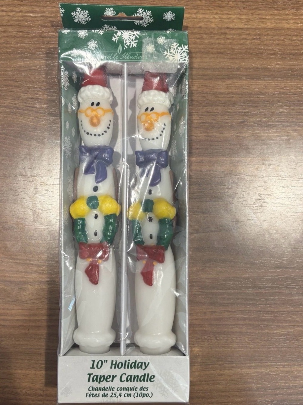 Vtg 10” Christmas Novelty Taper Candle Set of 2 Snowmen Scarf Wreath Holiday
